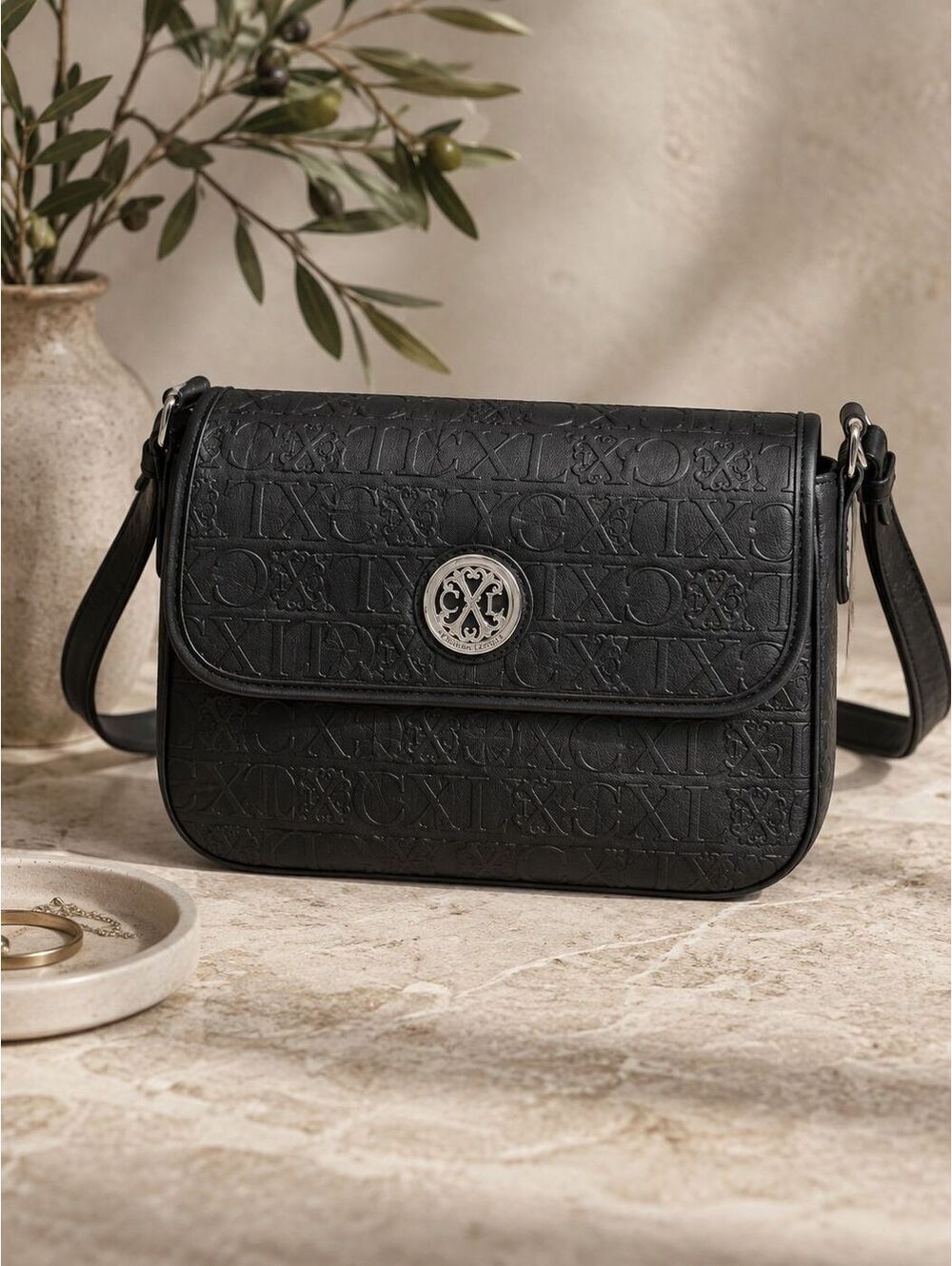 CXL by Christian Lacroix Black Embossed Logo Shoulder Bag Silver Hardware